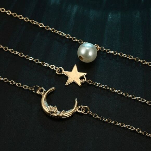 Bohemian Moon Star Pearl Gold Anklet - 3 piece - Picture 3 of 10